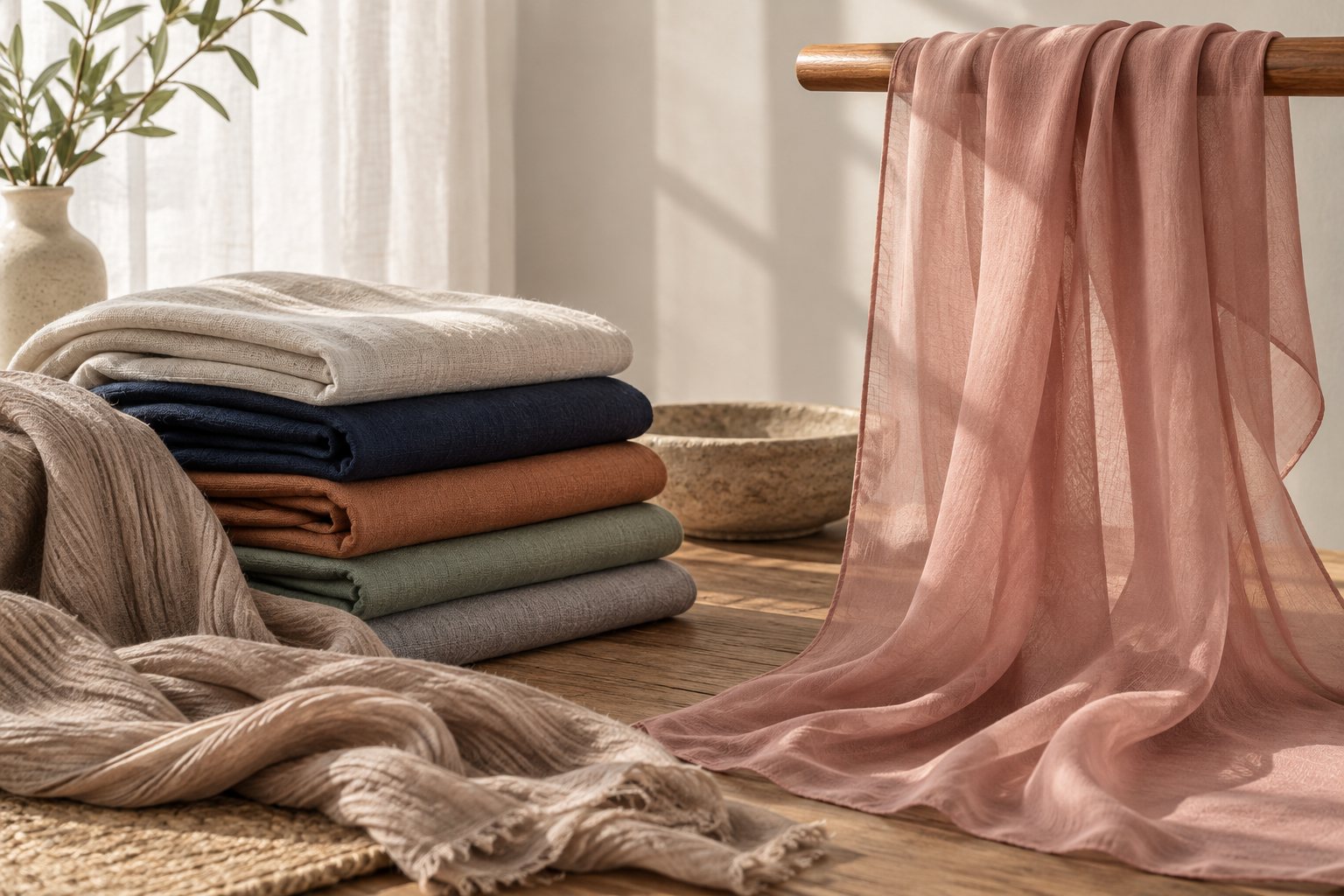 Light chiffon hijabs in pale and deep tones folded loosely on a linen surface, the sheer edges overlapping