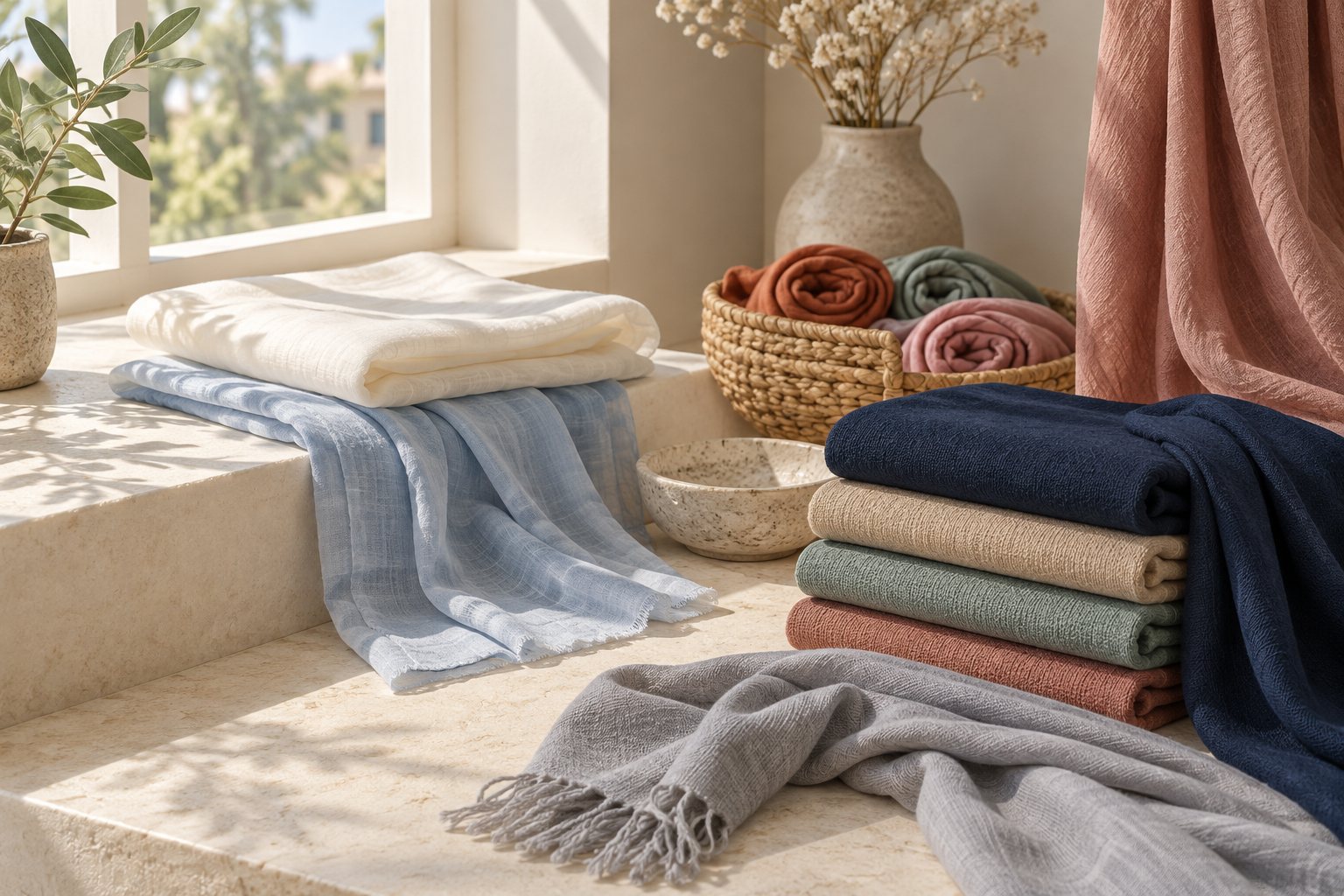 Cotton voile and crinkle cotton hijabs in light prints and plain tones folded on a linen surface