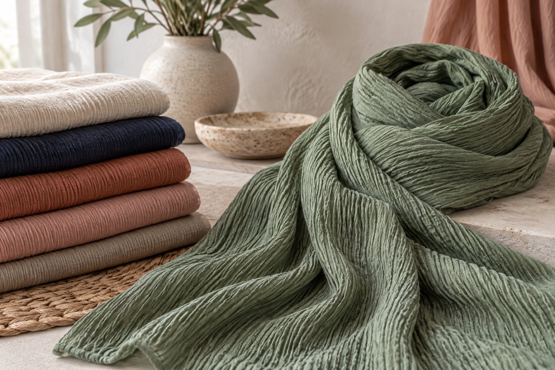 Crinkle viscose hijabs with a fine puckered texture in earthy and muted tones folded on a linen surface