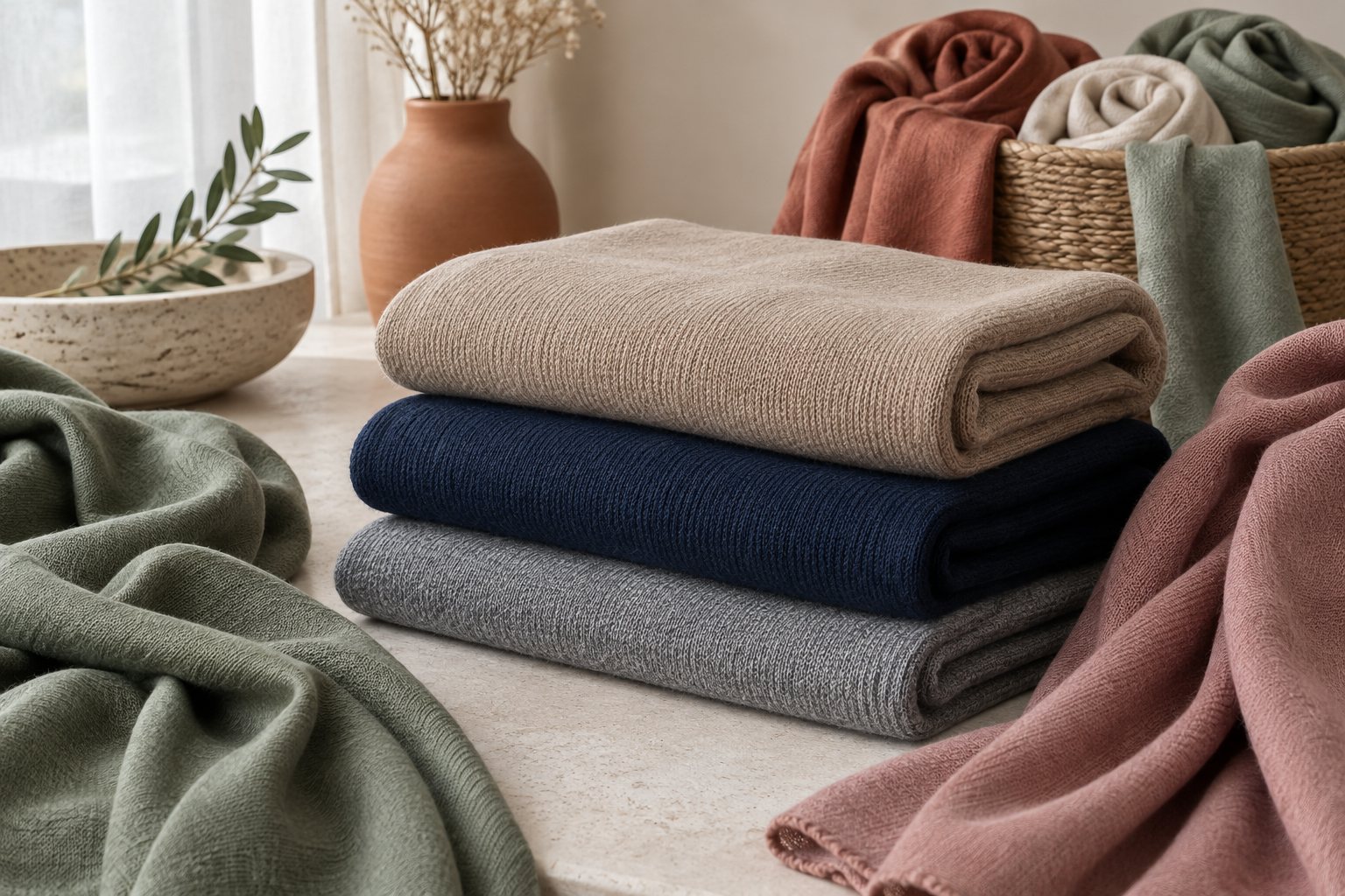 Jersey hijabs in soft neutral colors folded on a pale linen surface, the knit texture visible at the edges