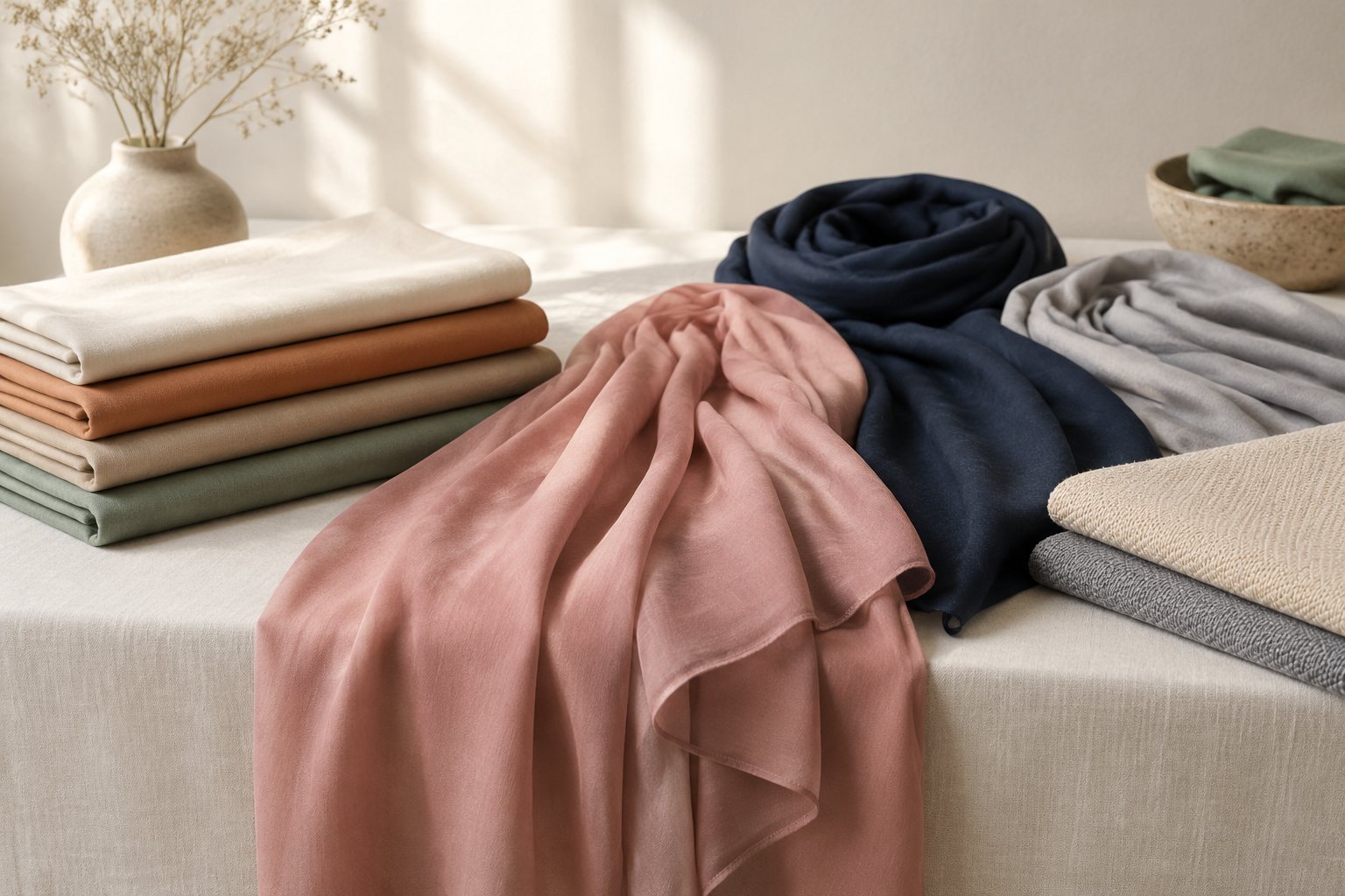 Modal hijabs with a soft printed pattern and plain muted shades folded in a fan on a linen surface