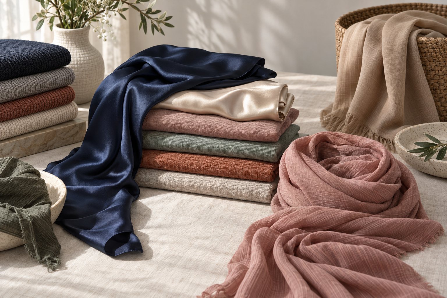Satin hijabs with a soft sheen in ivory, deep green and muted rose, folded on a linen surface