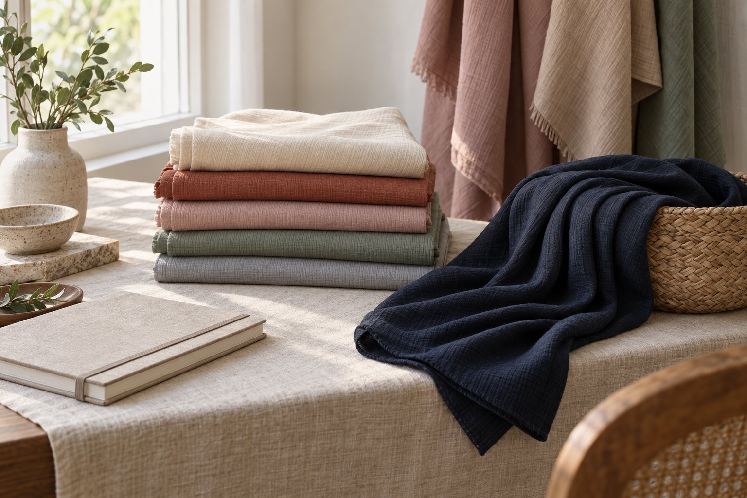 Folded hijabs in muted colors stacked on a linen-covered desk beside a closed notebook