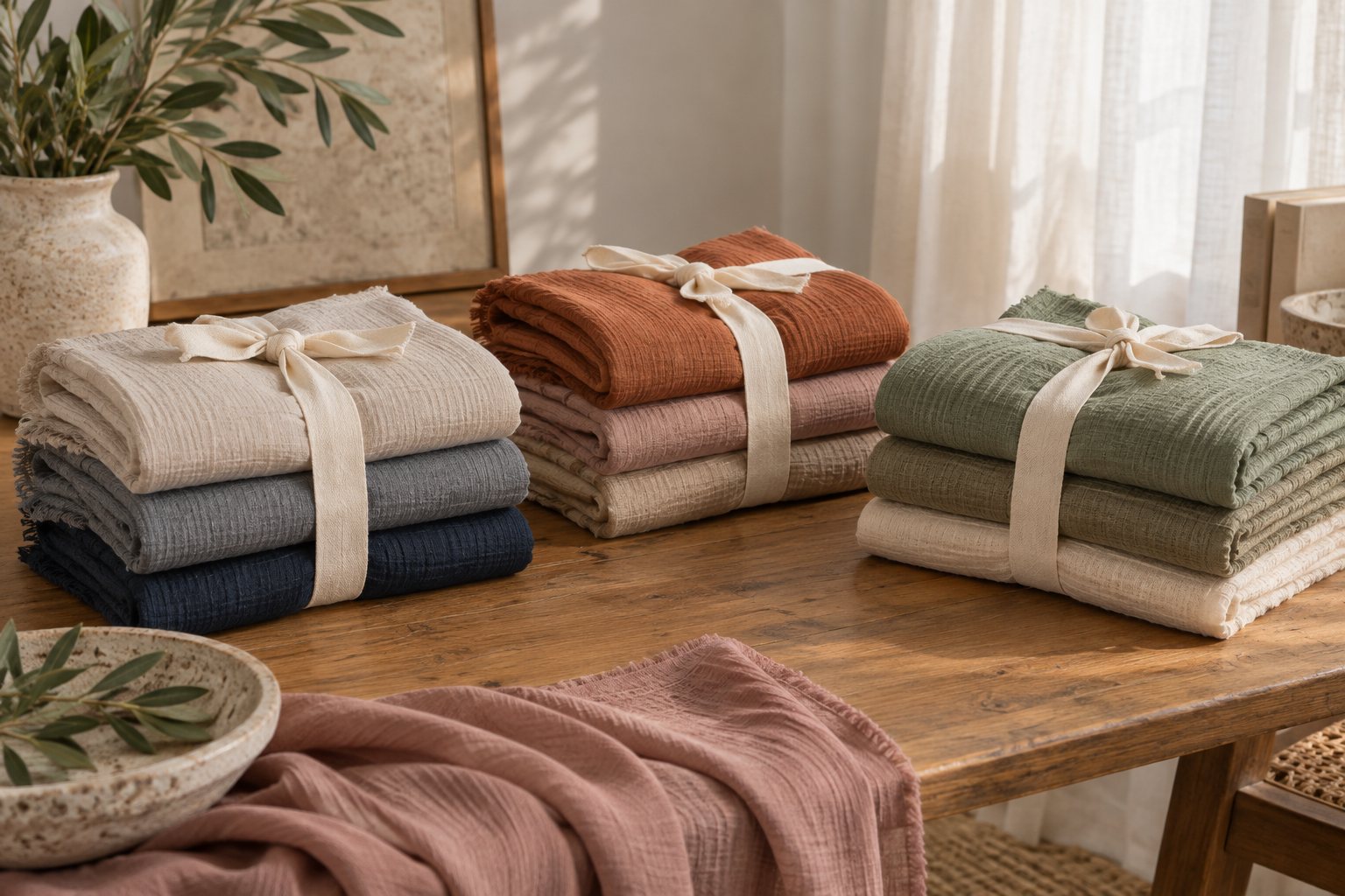 Four small stacks of folded hijabs in different fabrics with blank planning cards beside each stack