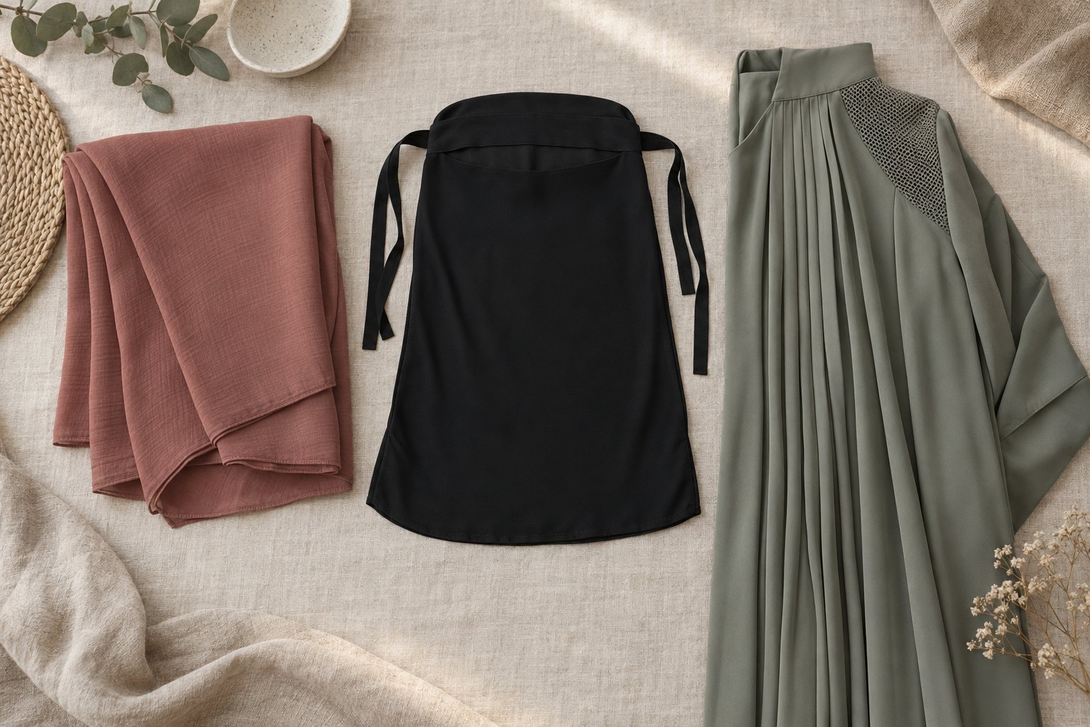 Seven garments laid flat side by side on a pale floor, from a short scarf to a long cloak