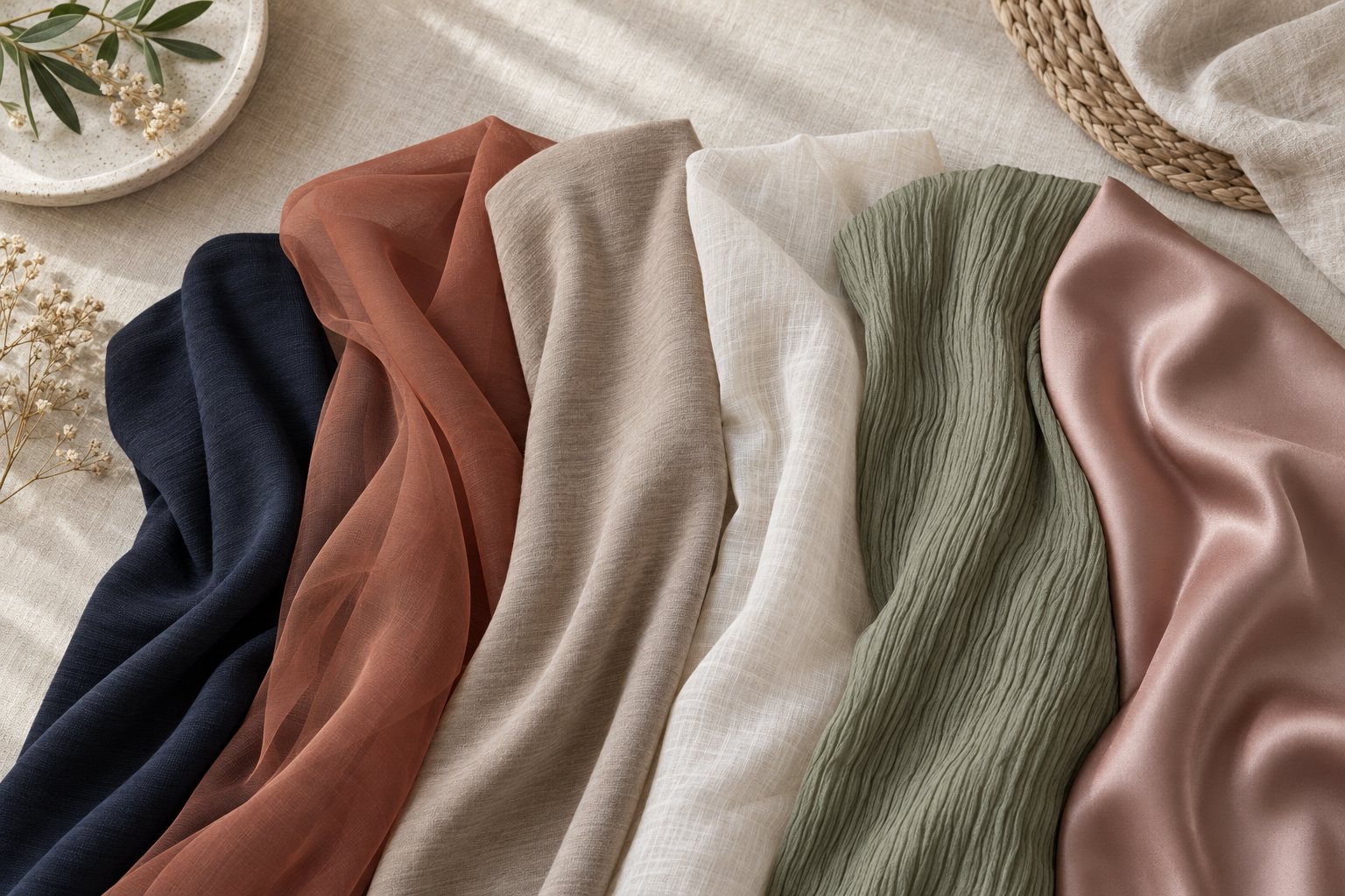 Folded swatches of jersey, chiffon, modal, cotton voile, crinkle viscose and satin laid side by side on a linen surface