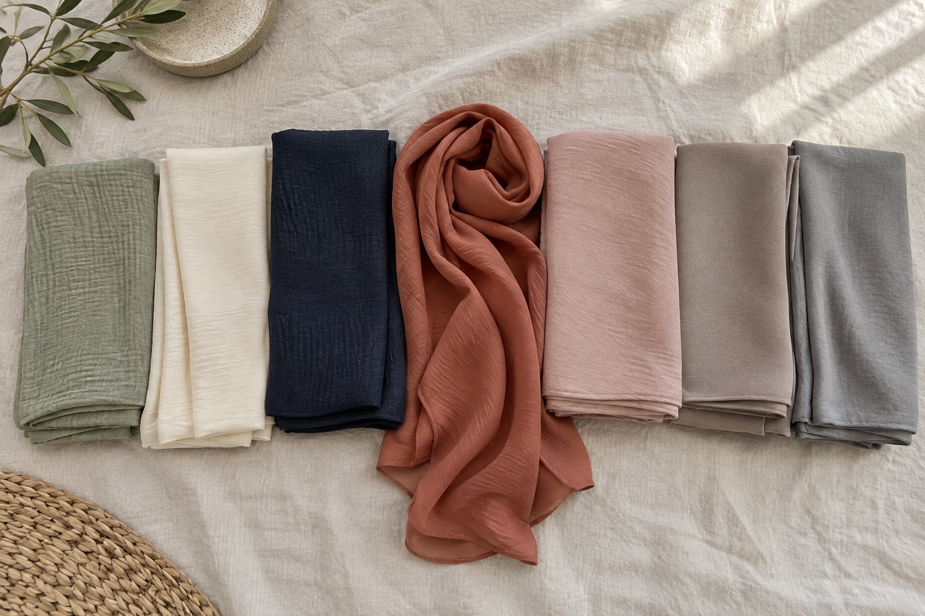 Rectangle, square and instant hijabs folded in a row on a pale linen surface