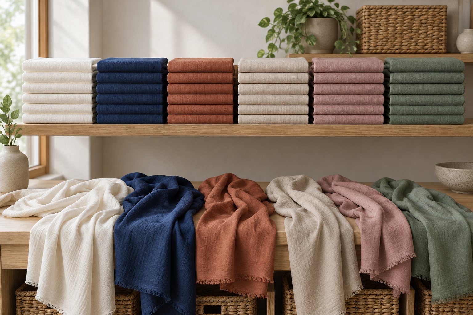 A wall calendar and a stack of folded jersey hijabs in neutral colors on a work table
