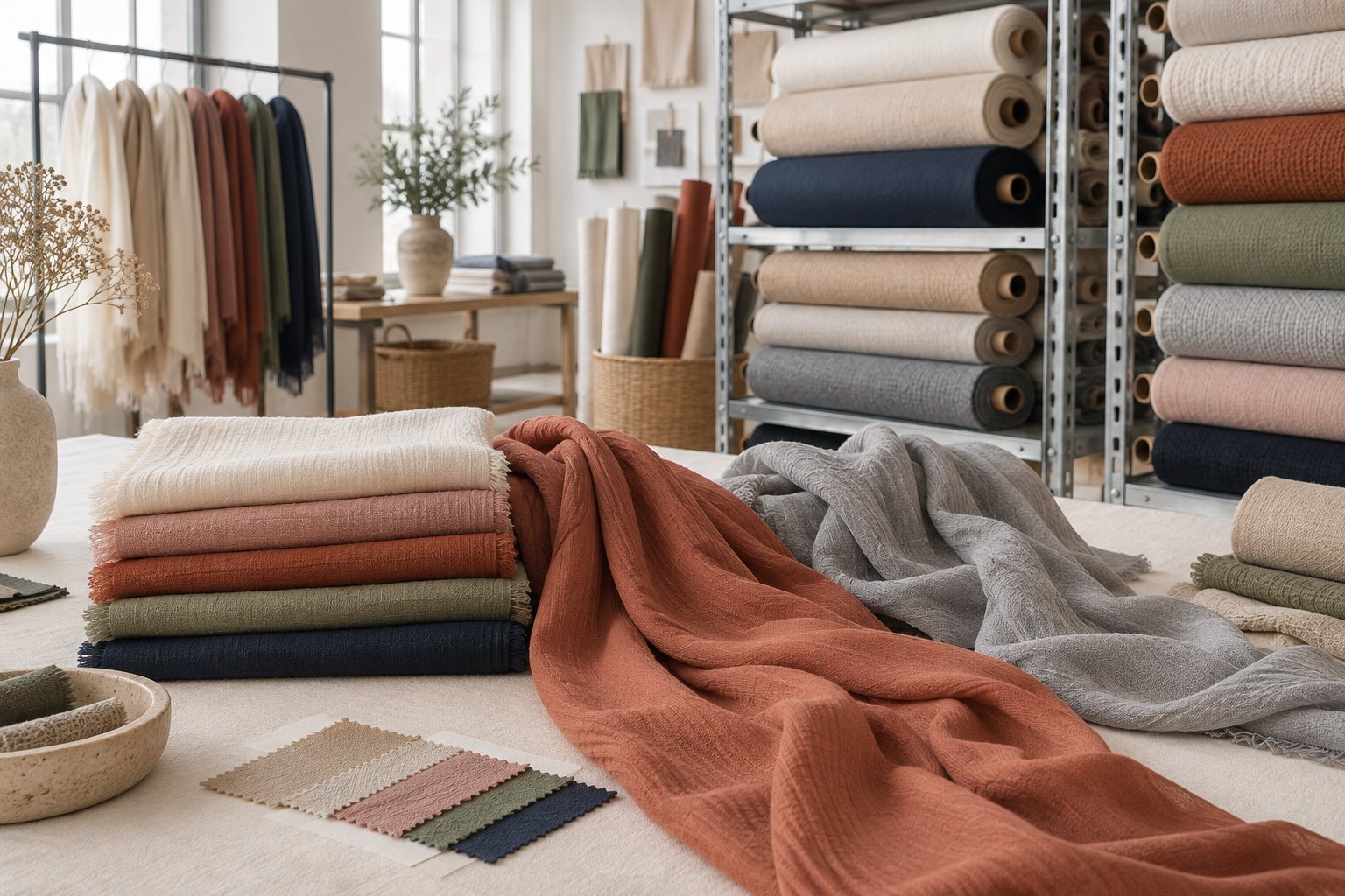 Illustration: rolls of knit and woven fabric on shelves in a scarf workshop storeroom