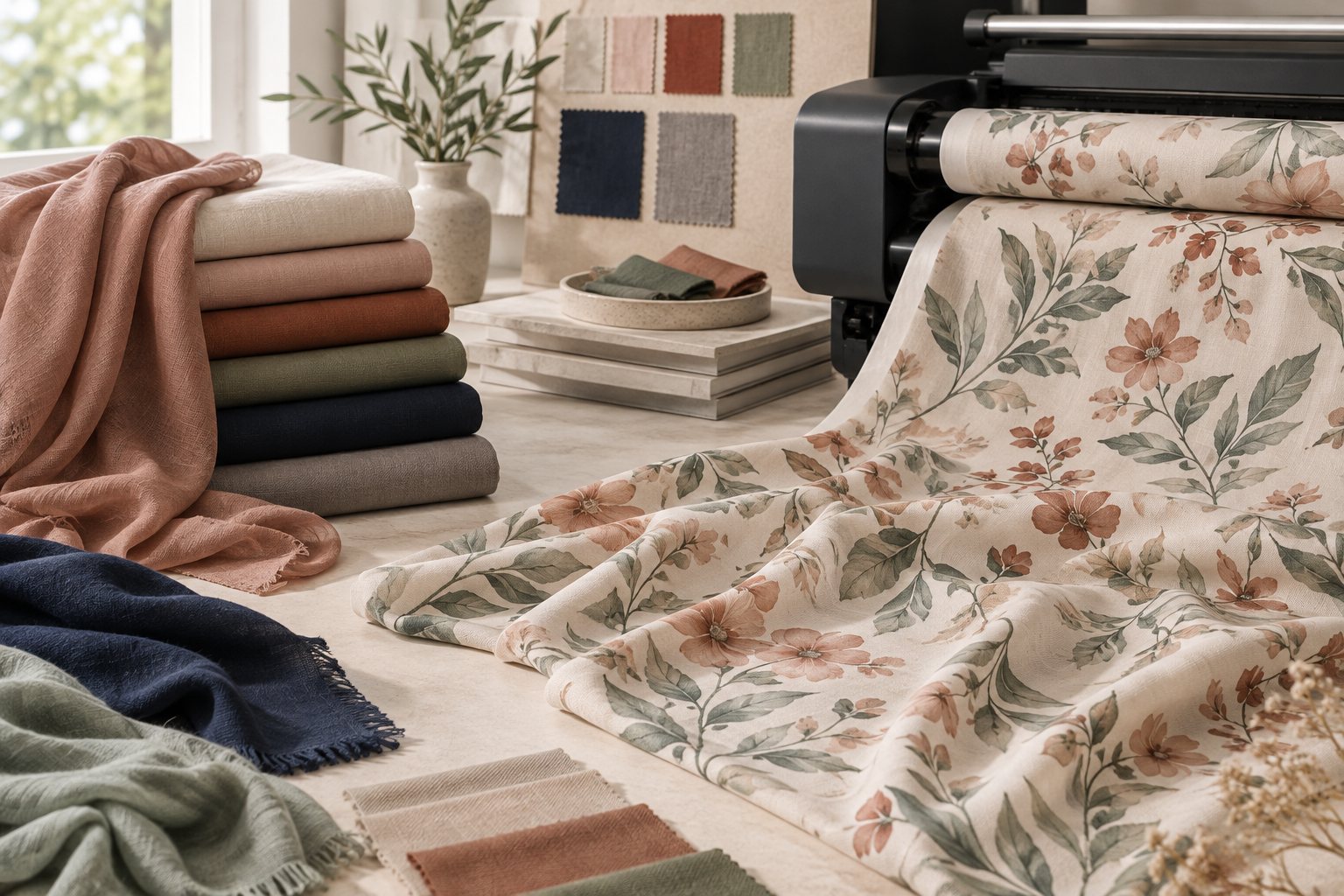 Printed modal squares with floral and geometric designs laid out beside printed strike-off swatches