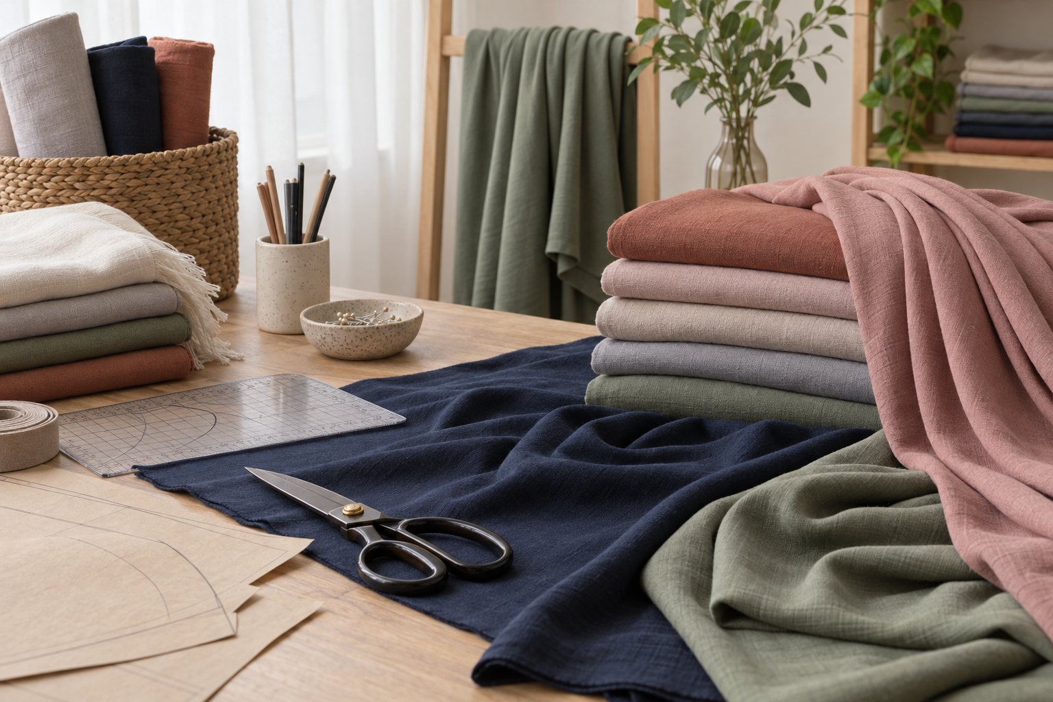 Illustration: a cutting table with layered jersey fabric and a paper pattern in a scarf workshop