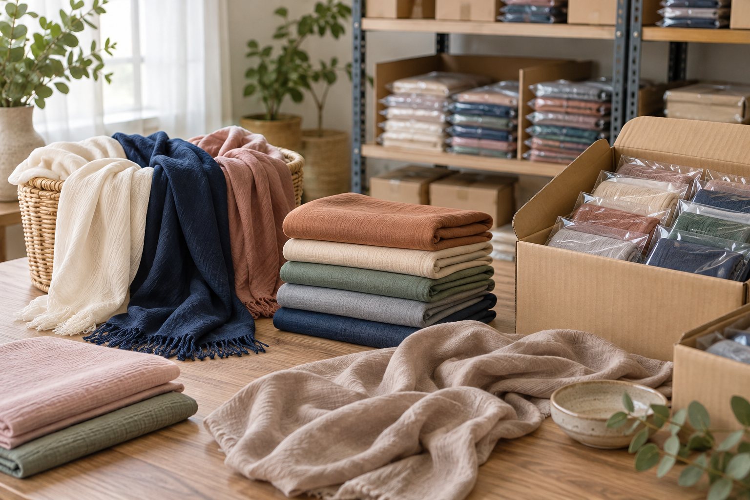 Cartons of folded hijabs in labeled polybags on warehouse shelving