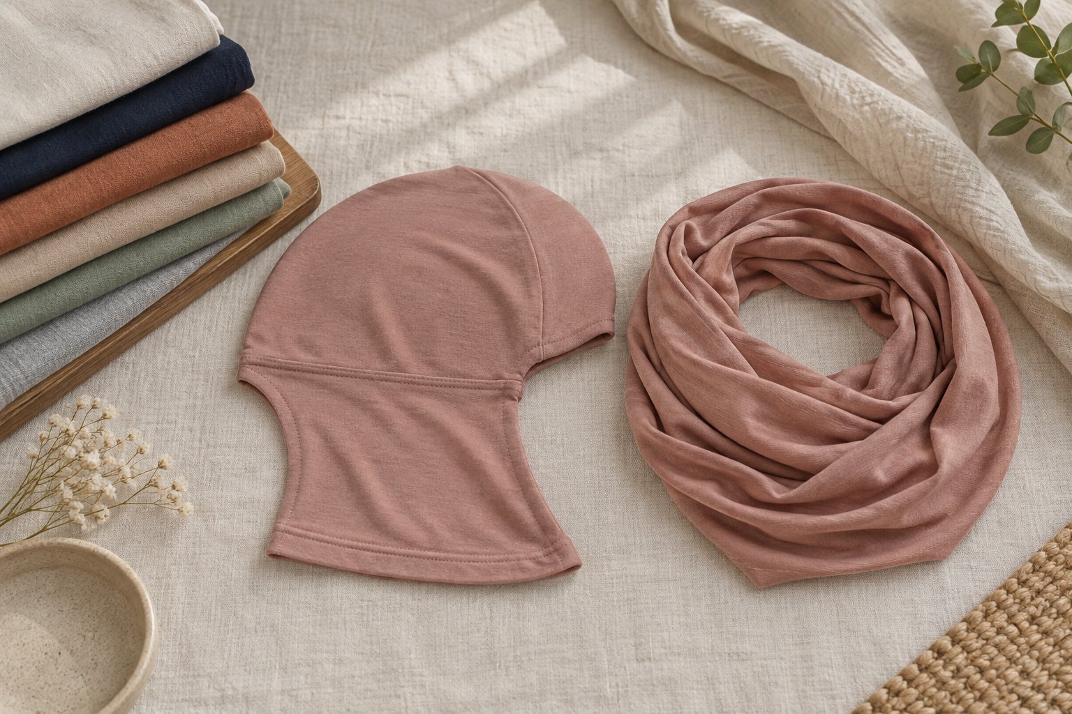 Two-piece al-amira sets in jersey, each cap folded on top of its matching tube scarf