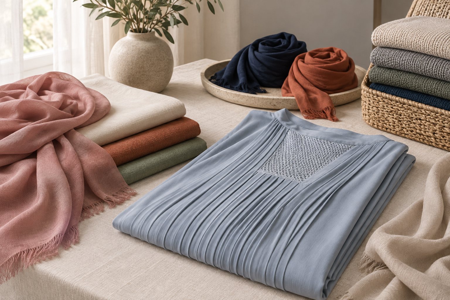 Folded pleated fabric with a mesh panel visible on a plain work table
