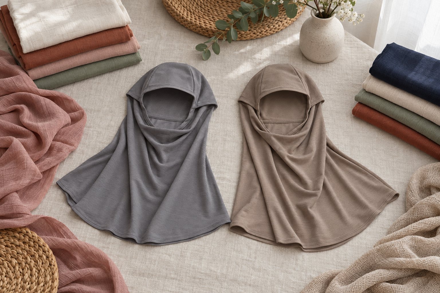 Slip-on instant hijabs in soft jersey folded in a row on a pale table, seams visible at the back