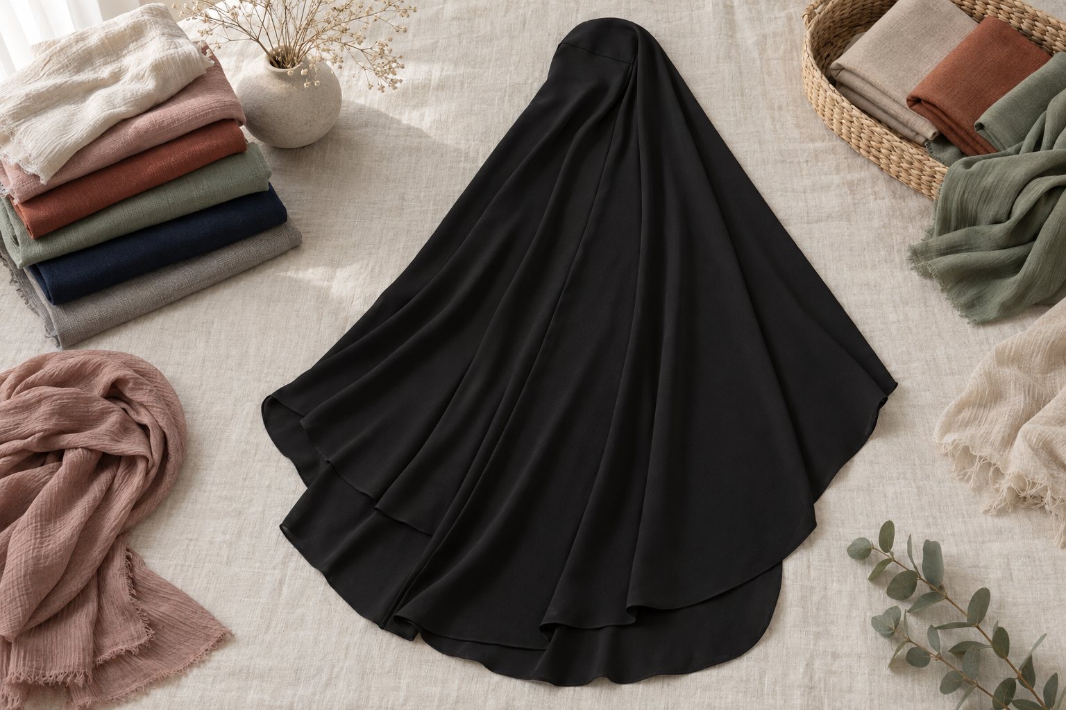 Khimars in matte crepe hung on a rail in three lengths, from shoulder to below the waist