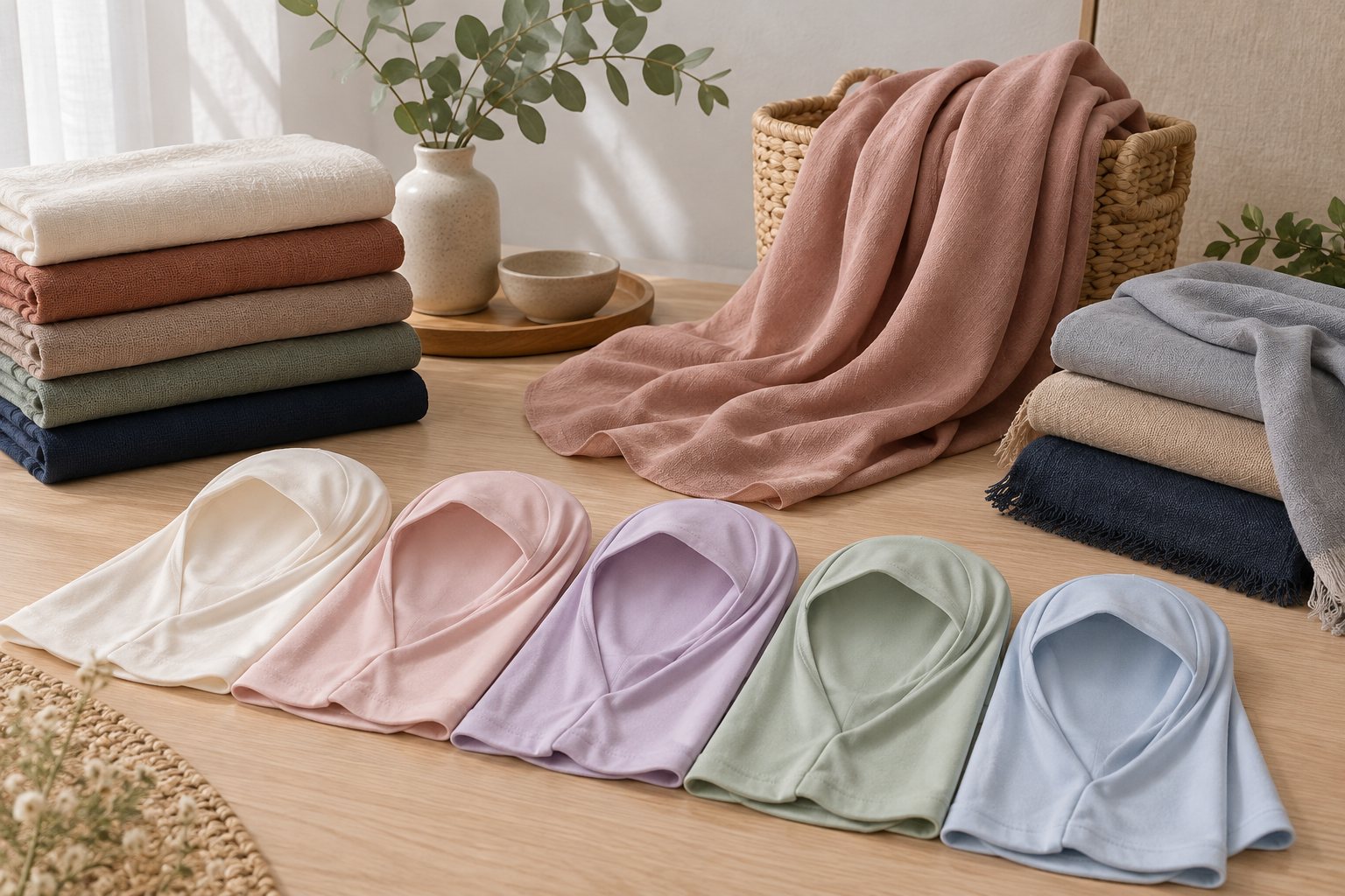 Small slip-on jersey hijabs in soft colors folded beside a size chart card