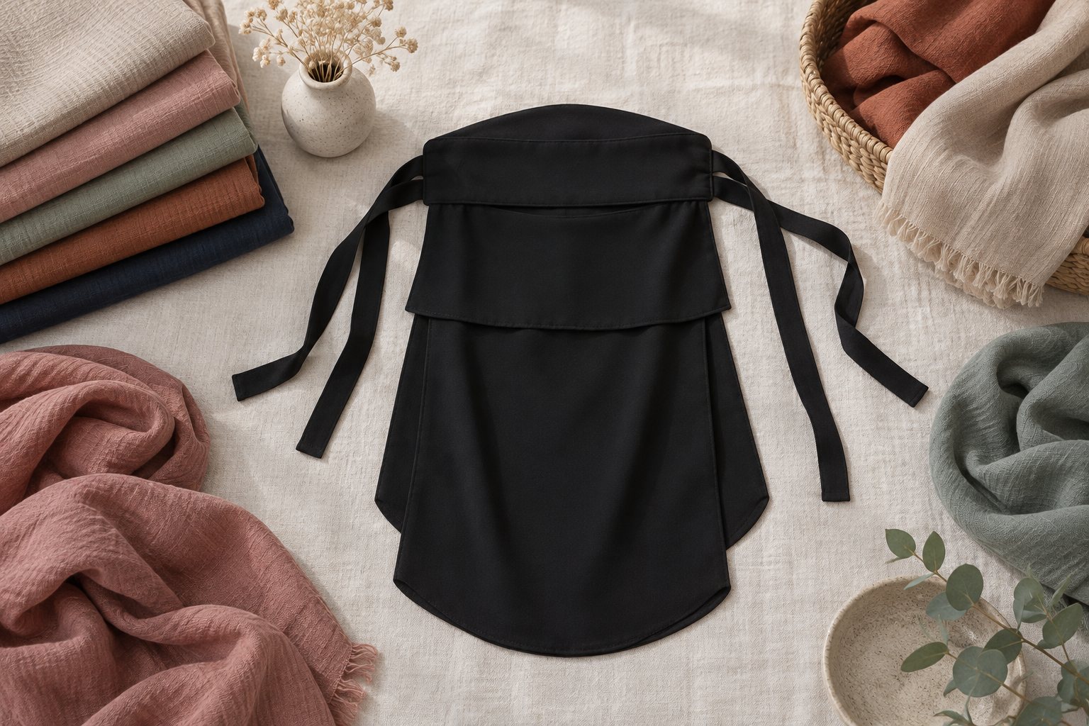 A black multi-layer niqab laid flat on a pale table, showing the ties and the flip-down layer