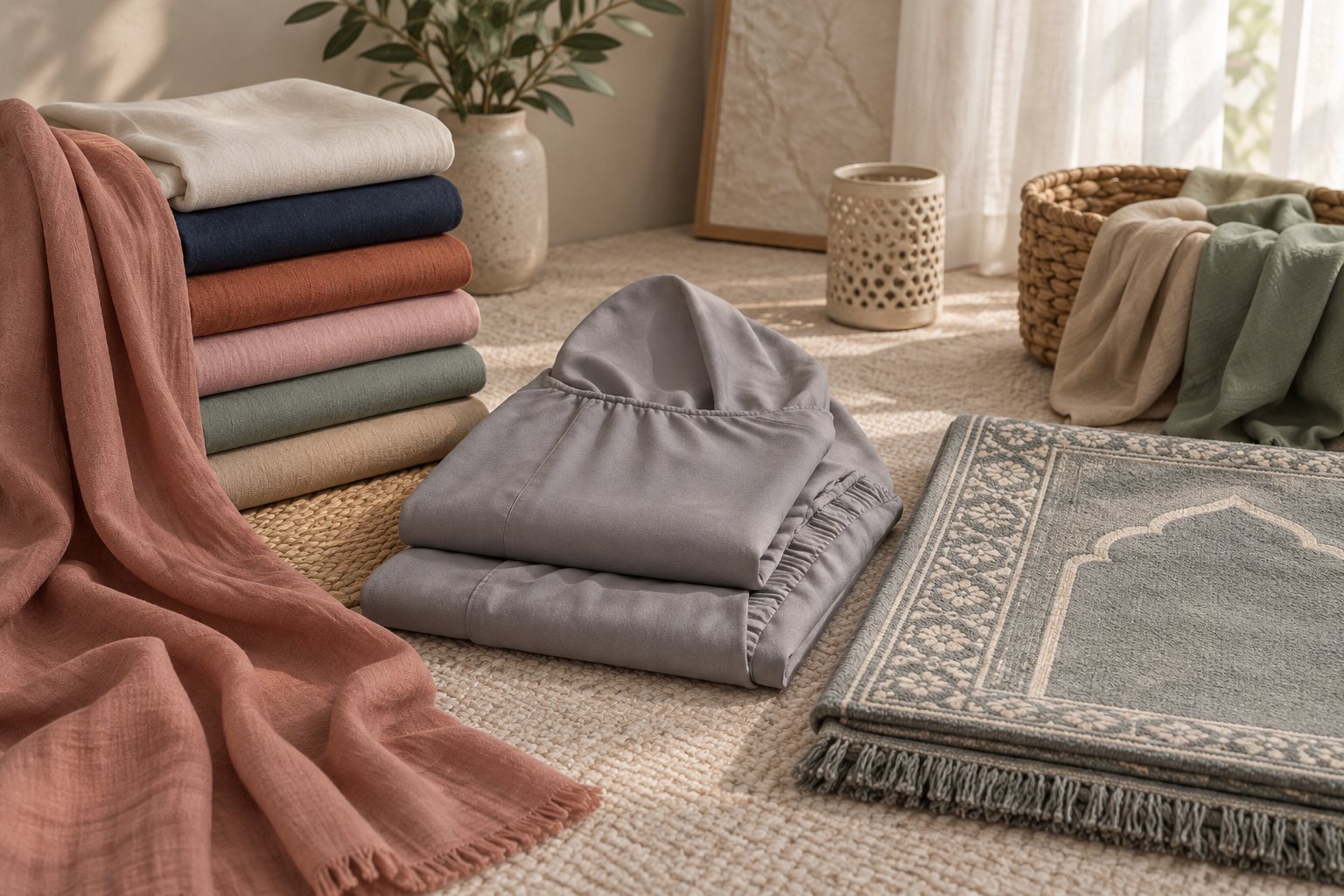 Folded two-piece prayer sets in matte crepe stacked beside small fabric travel pouches