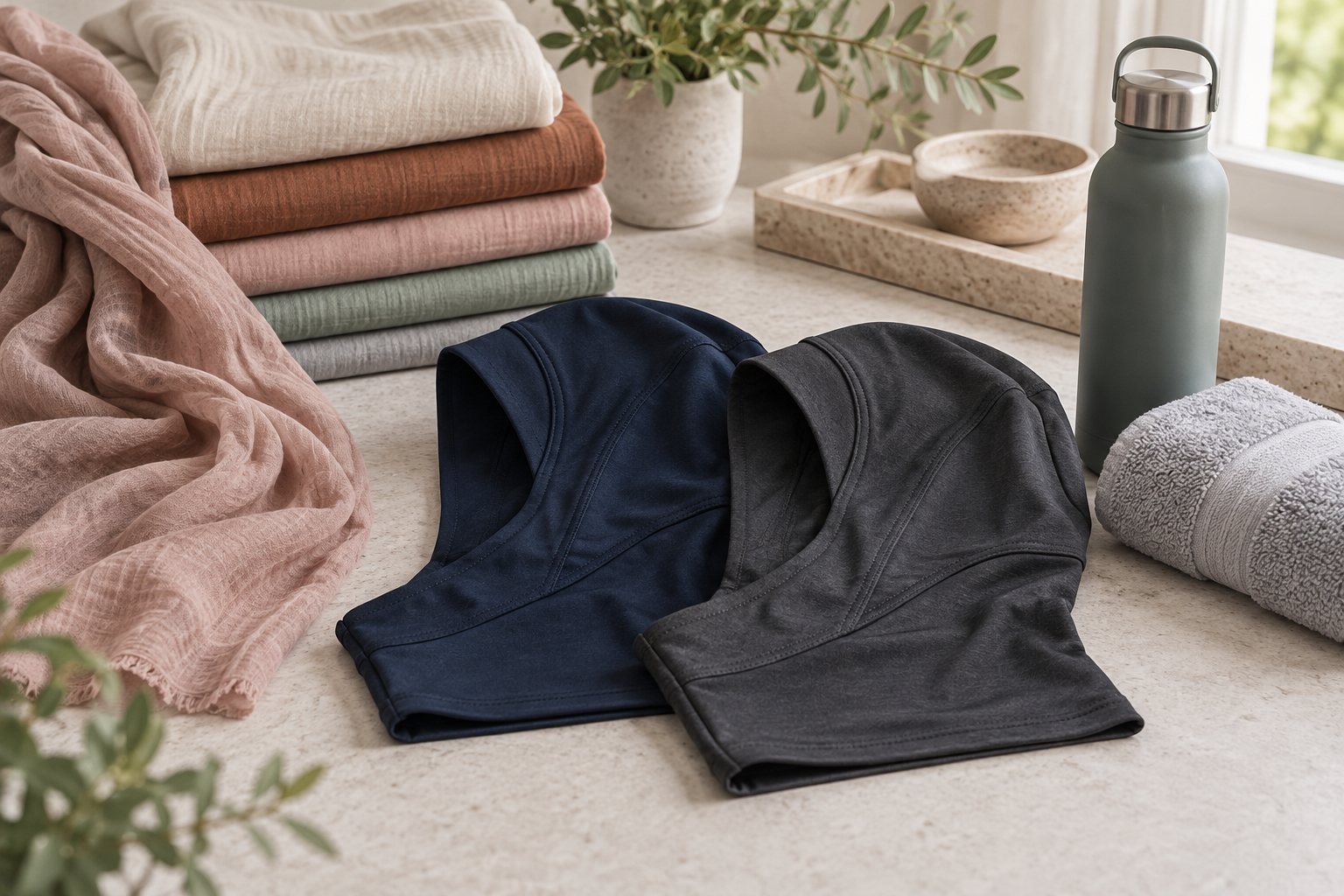 Pull-on sports hijabs in performance knit folded beside a stack of team-color samples