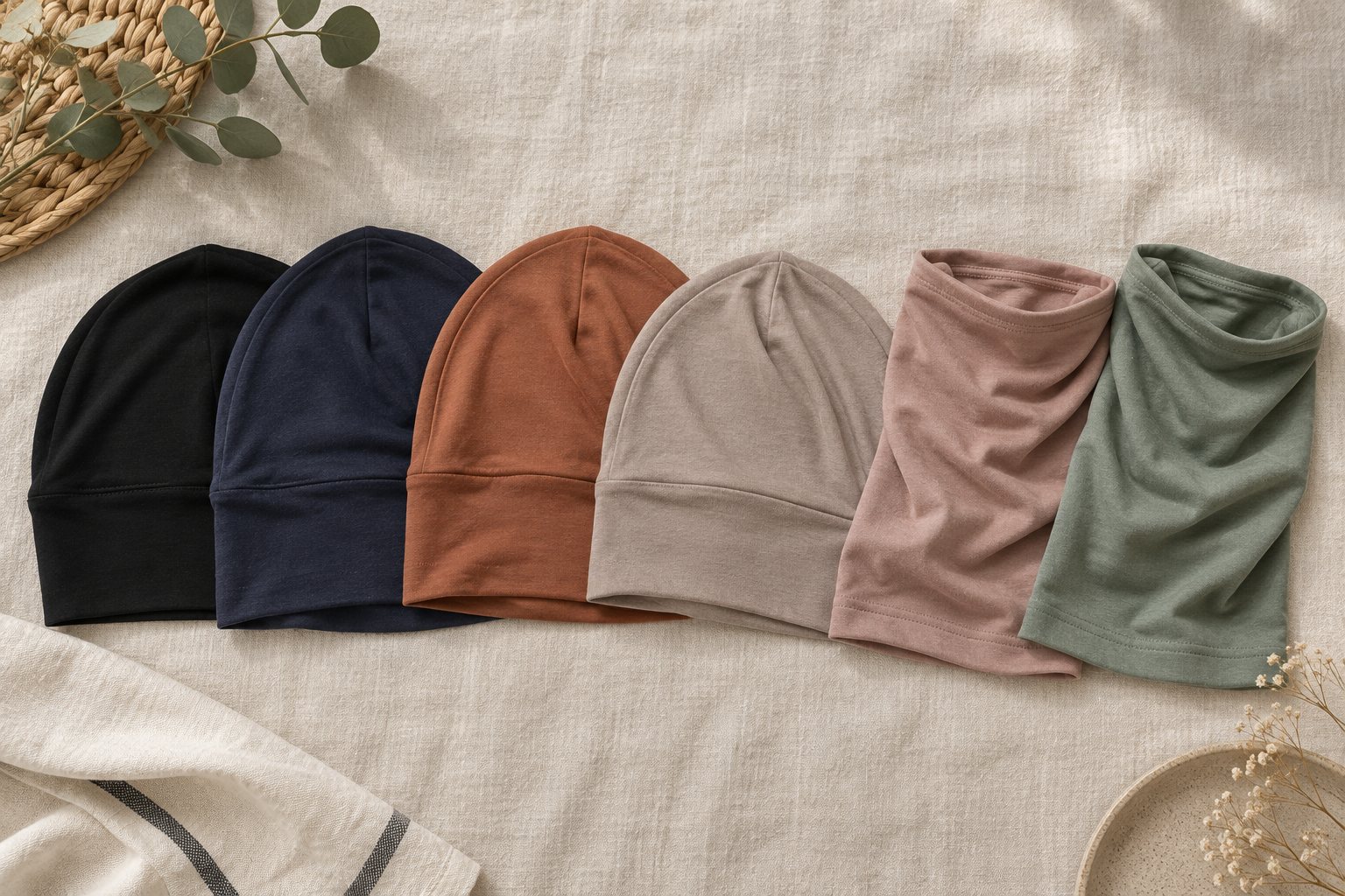 Jersey hijab caps in neutral shades laid flat, showing tube, tie-back and full-coverage shapes